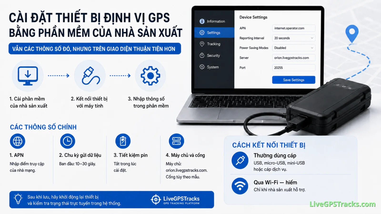 GPS tracker setup via manufacturer software - Vietnamese