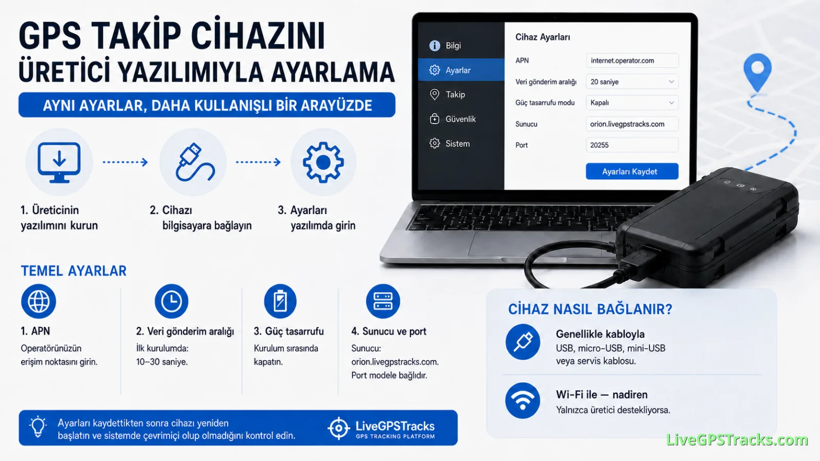 GPS tracker setup via manufacturer software - Turkish