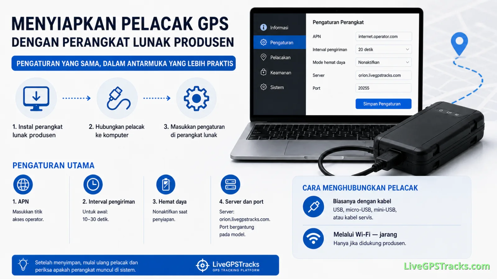 GPS tracker setup via manufacturer software - Indonesian