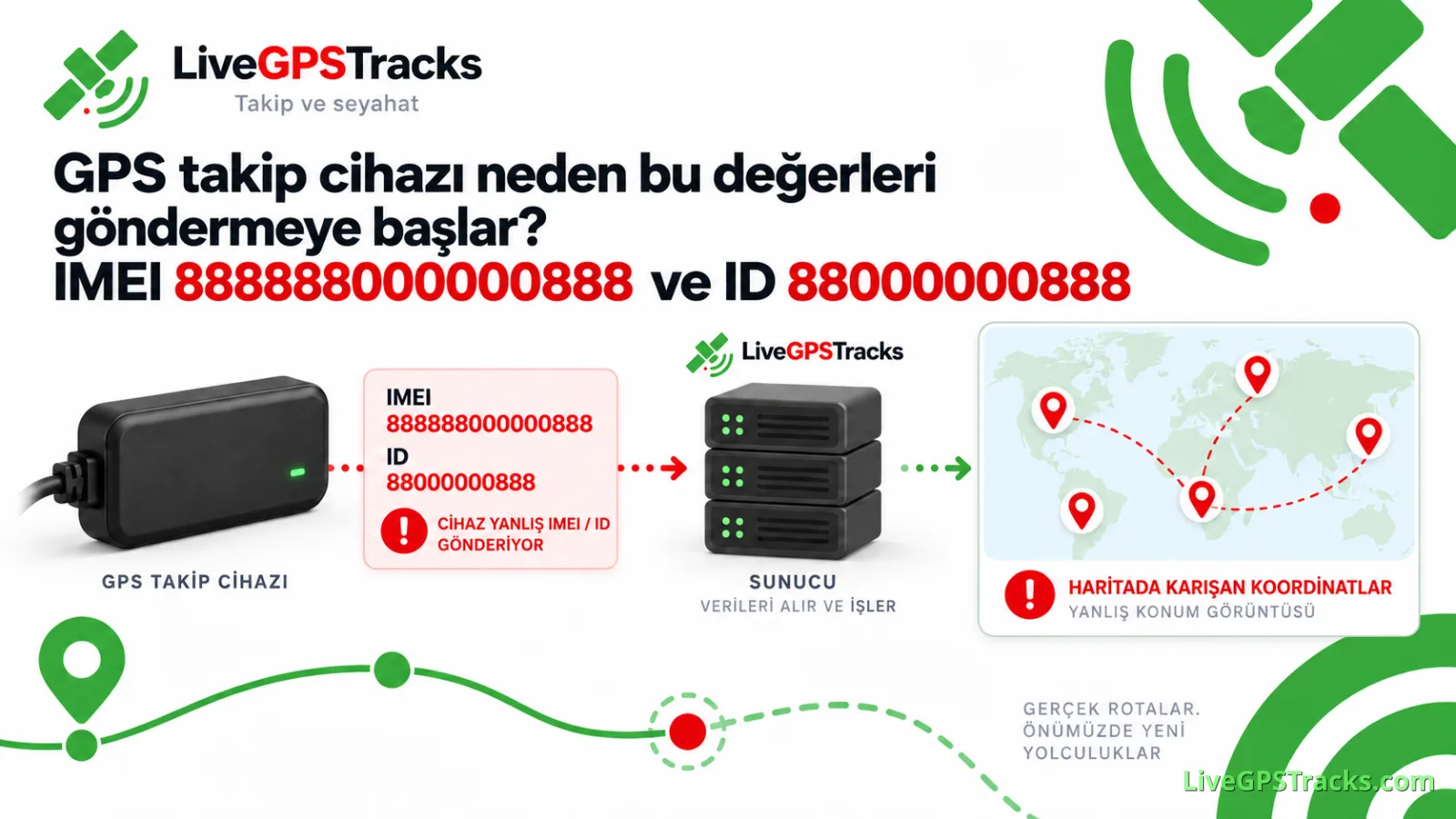 GPS takip cihazı neden IMEI 888888000000888 ve ID 88000000888 göndermeye başlar?