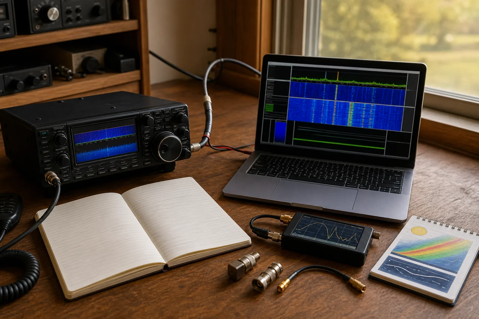 KW-Station mit FT8-Wasserfall, Logbuch, NanoVNA und Antennenzuleitung zur Ausbreitungsdiagnose
