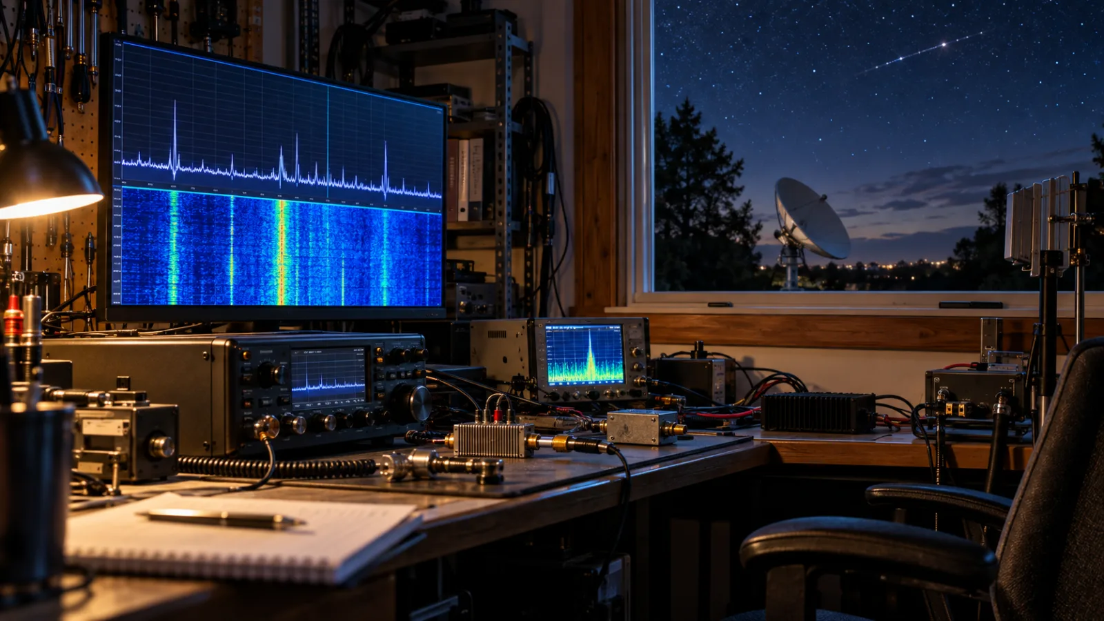 Amateur-radio workbench with spectrum-analysis equipment, microwave cables, a directional dish and a satellite pass visible through the window.