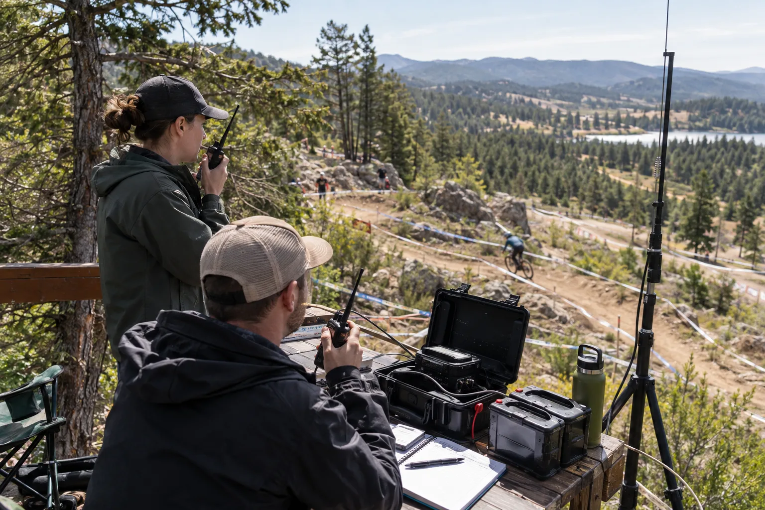 Des opérateurs de communication utilisent des radios portatives et une station alimentée par batterie au-dessus d’un parcours de VTT boisé.