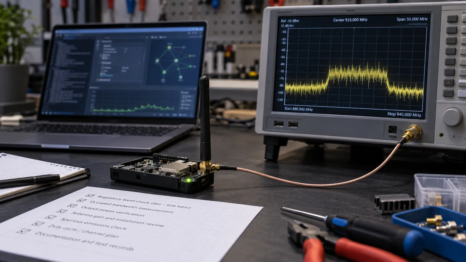 Ein LoRa-Mesh-Funkknoten neben HF-Messgeräten mit einer Spektrumanzeige um 900 MHz – als Darstellung einer Konformitätsprüfung.