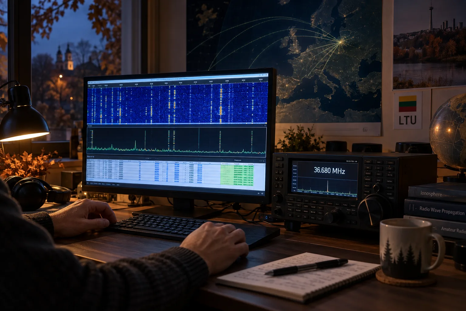 Estación SDR de recepción muestra una señal FT8 en 36,680 MHz y un arco de propagación ionosférica.
