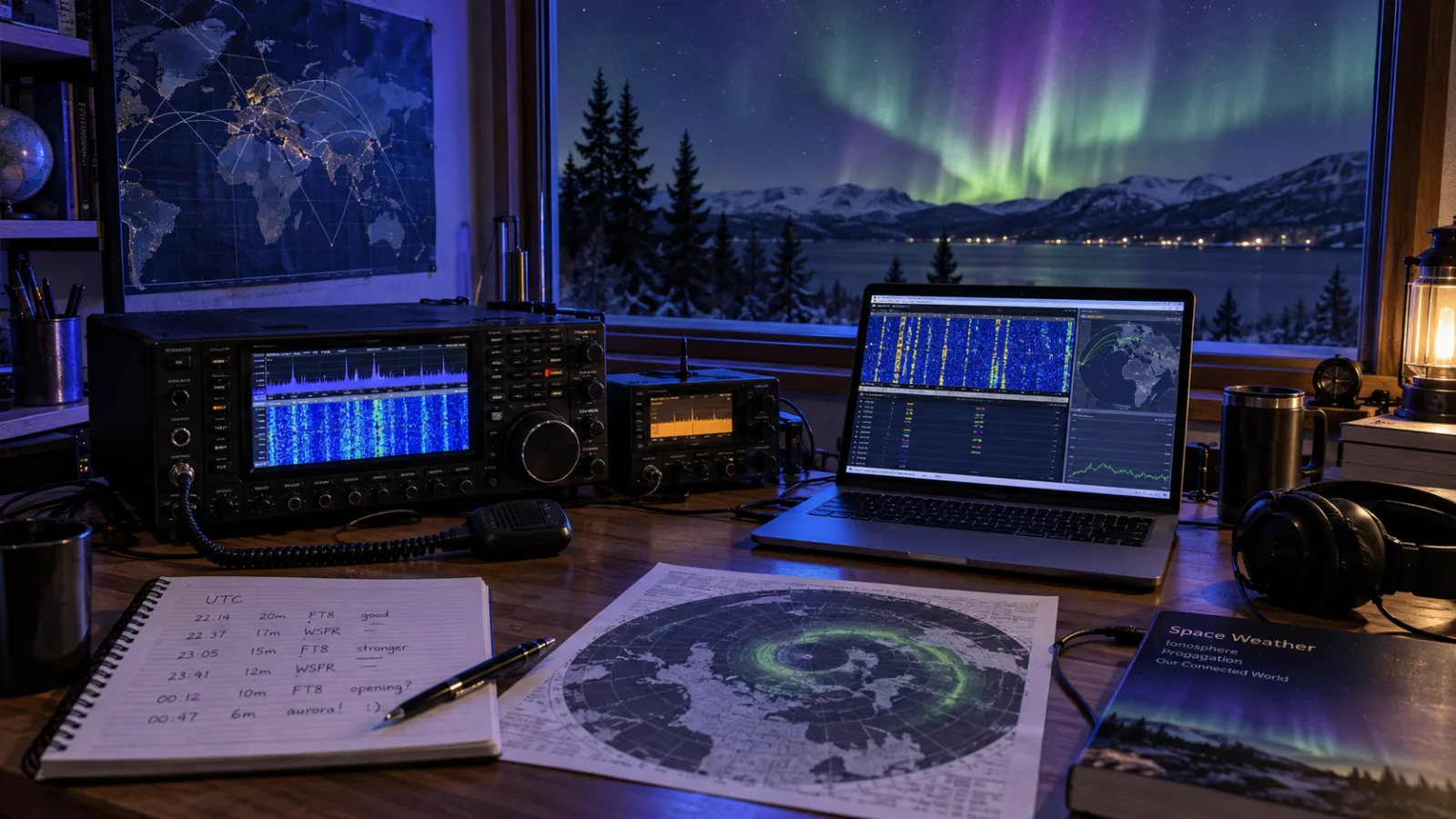 Amateur radio station monitoring FT8 and WSPR propagation during a geomagnetic storm