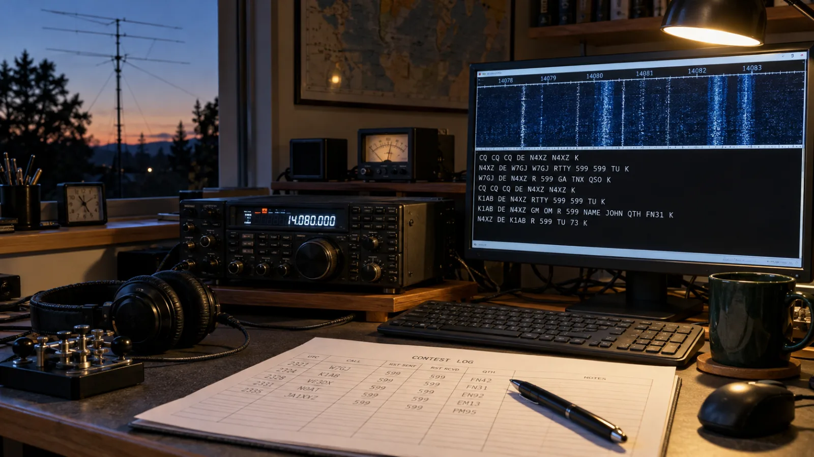 Una modesta estación de radioaficionado con transceptor de HF, pantalla de cascada RTTY, auriculares y hoja de registro del concurso al anochecer