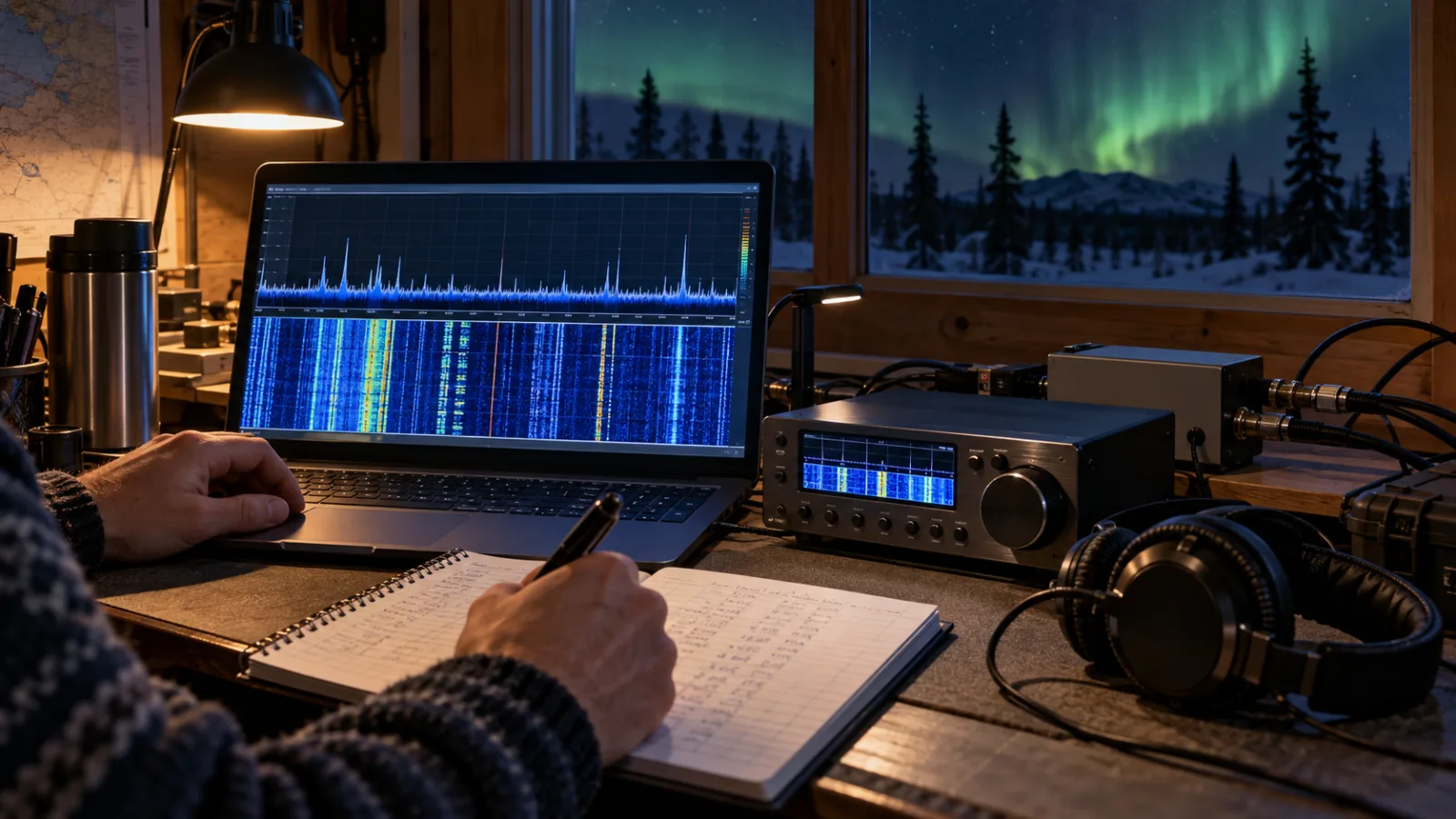 HF and SDR monitoring station recording an ionospheric research signal beneath the northern lights