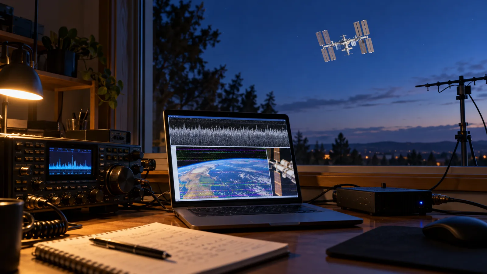 Amateur-radio receiving station decoding an ISS SSTV transmission at dusk