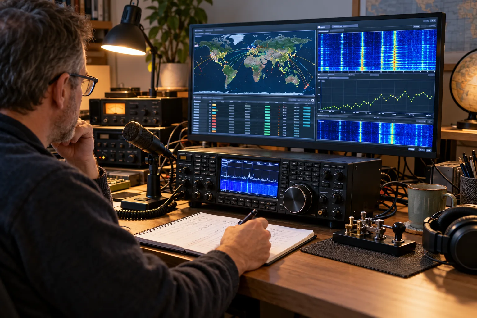Funkamateur testet eine Station mit Transceiver, Logbuch und Bildschirm mit Signalberichten und Weltkarte.