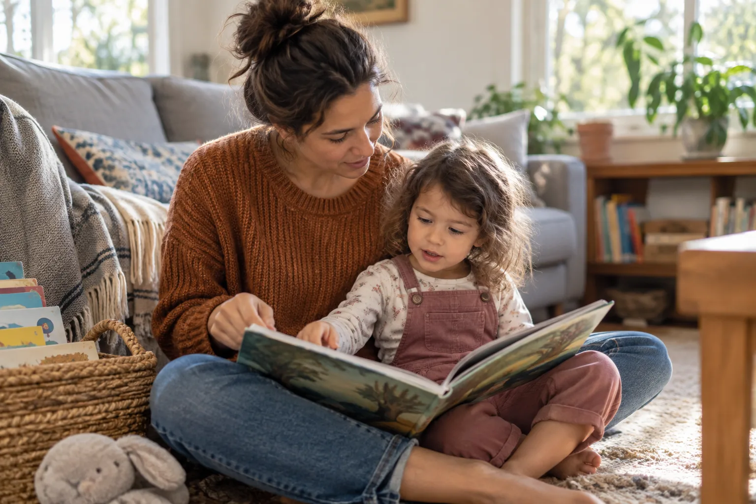 A parent and preschooler share a picture book on a sofa in a warm, sunlit living room.