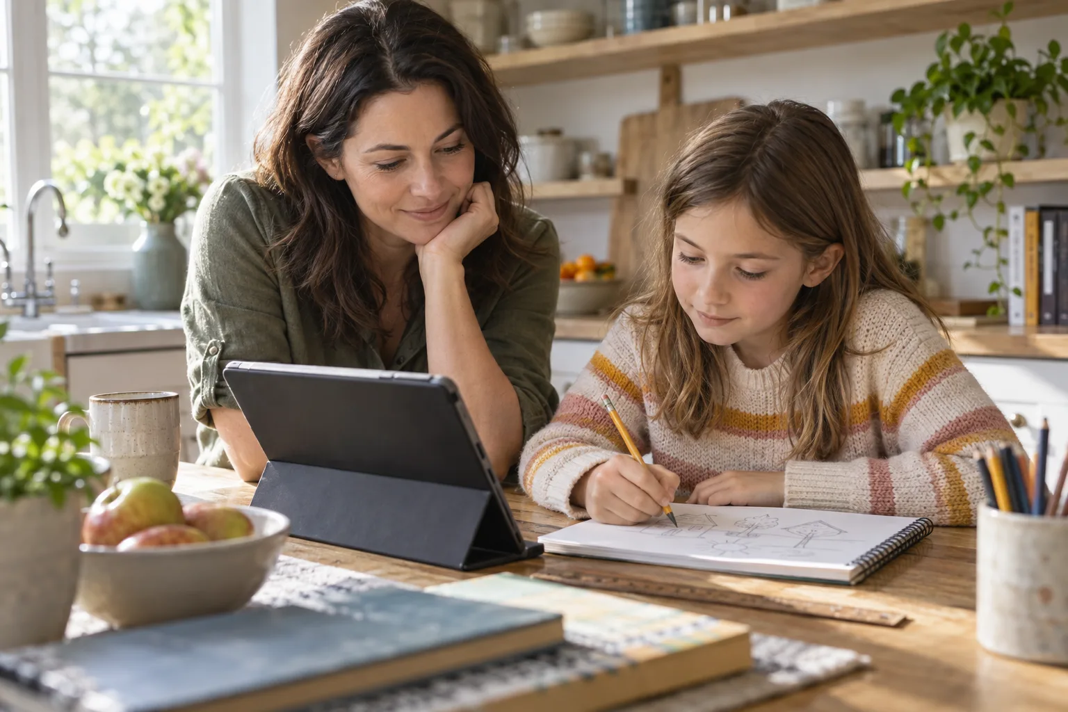 A parent and school-age child review a tablet together while the child sketches an idea on paper at a kitchen table.