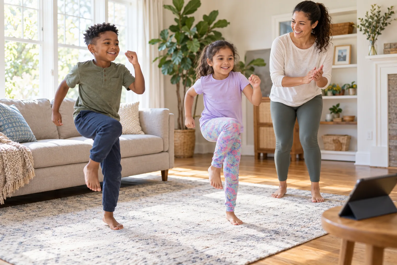 Children follow a short movement routine in a safe living room while an adult supervises.