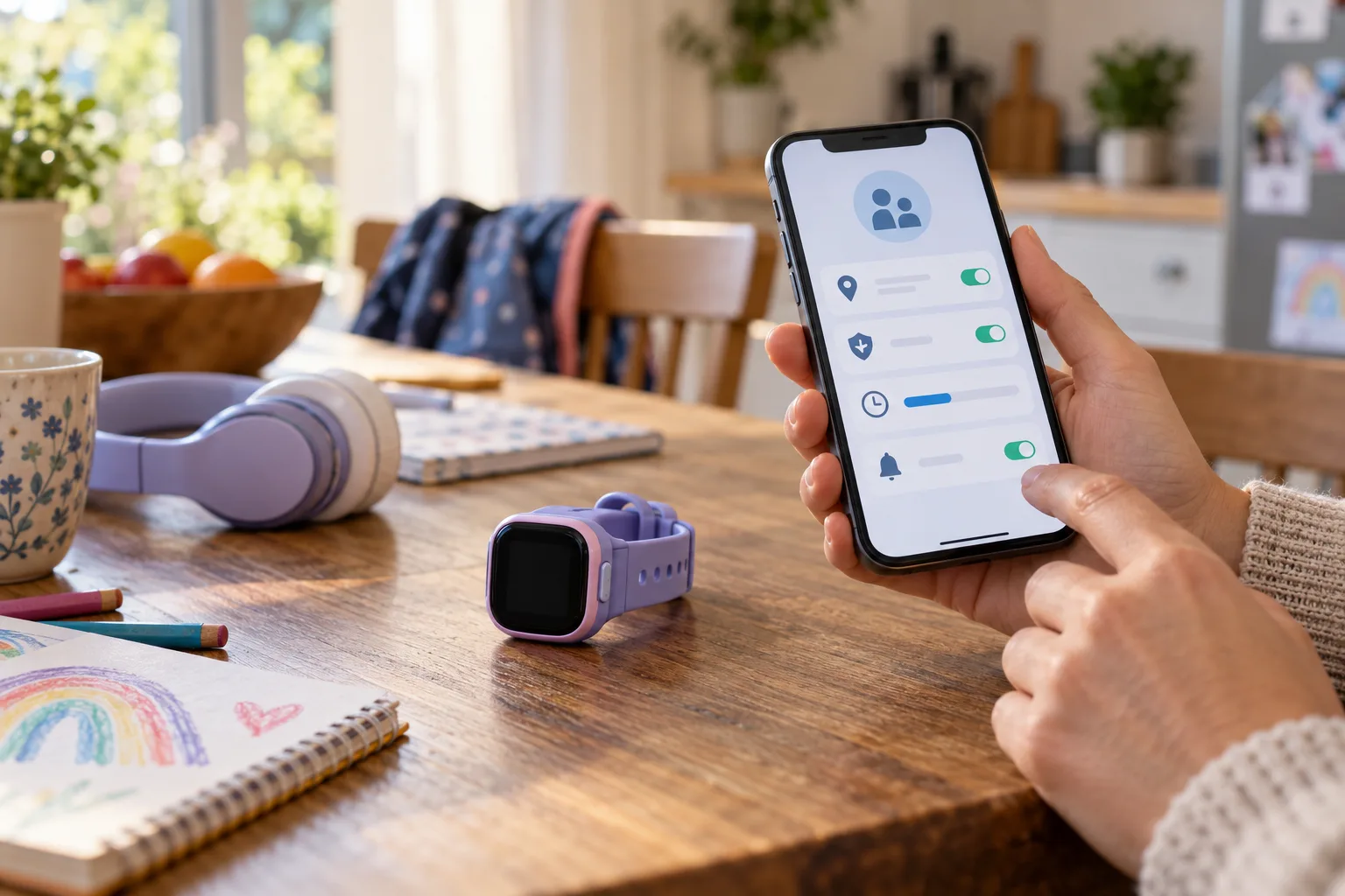 Dziecięcy smartwatch obok smartfona rodzica i słuchawek na rodzinnym stole