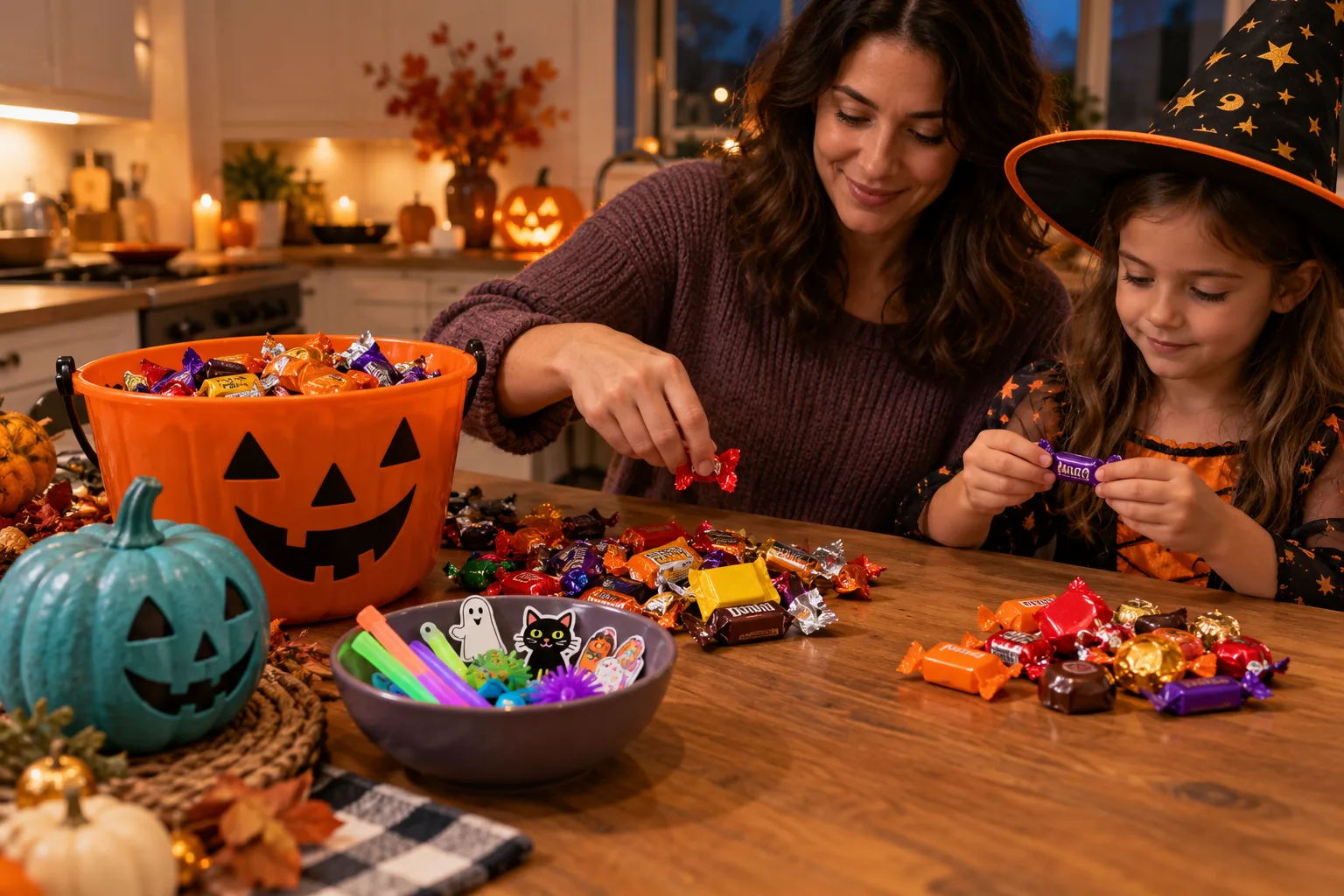 Un adulto y un niño clasifican dulces de Halloween y regalos no comestibles junto a una calabaza color turquesa