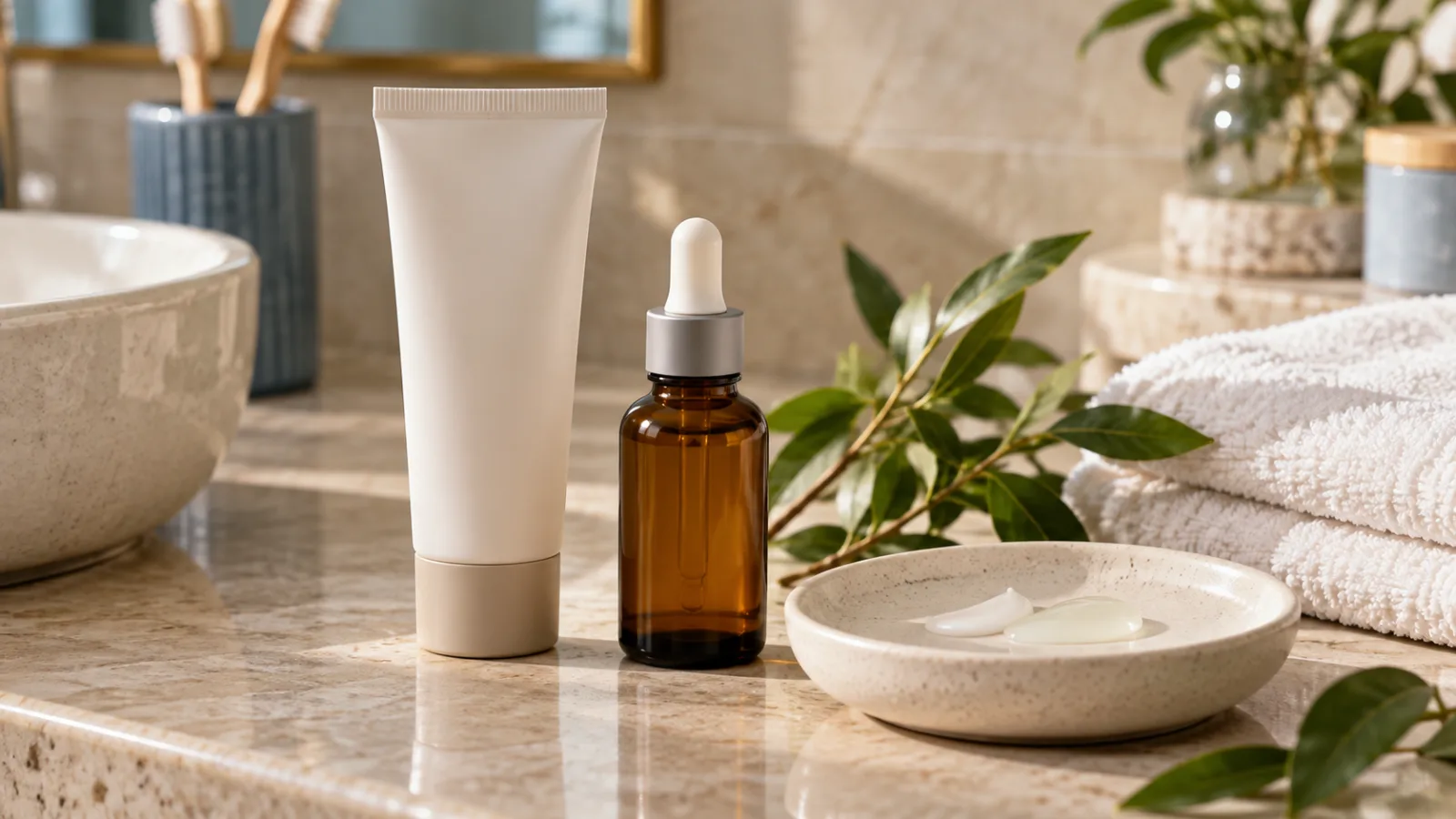 Unbranded skincare tube and amber serum bottle beside cream swatches on a bathroom counter