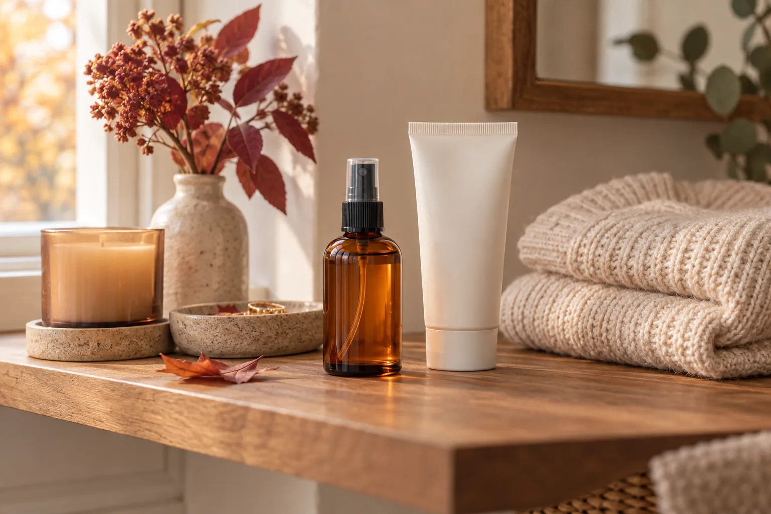 Parfum automnal abordable et soins corporels sans parfum sur une étagère de salle de bains chaleureuse