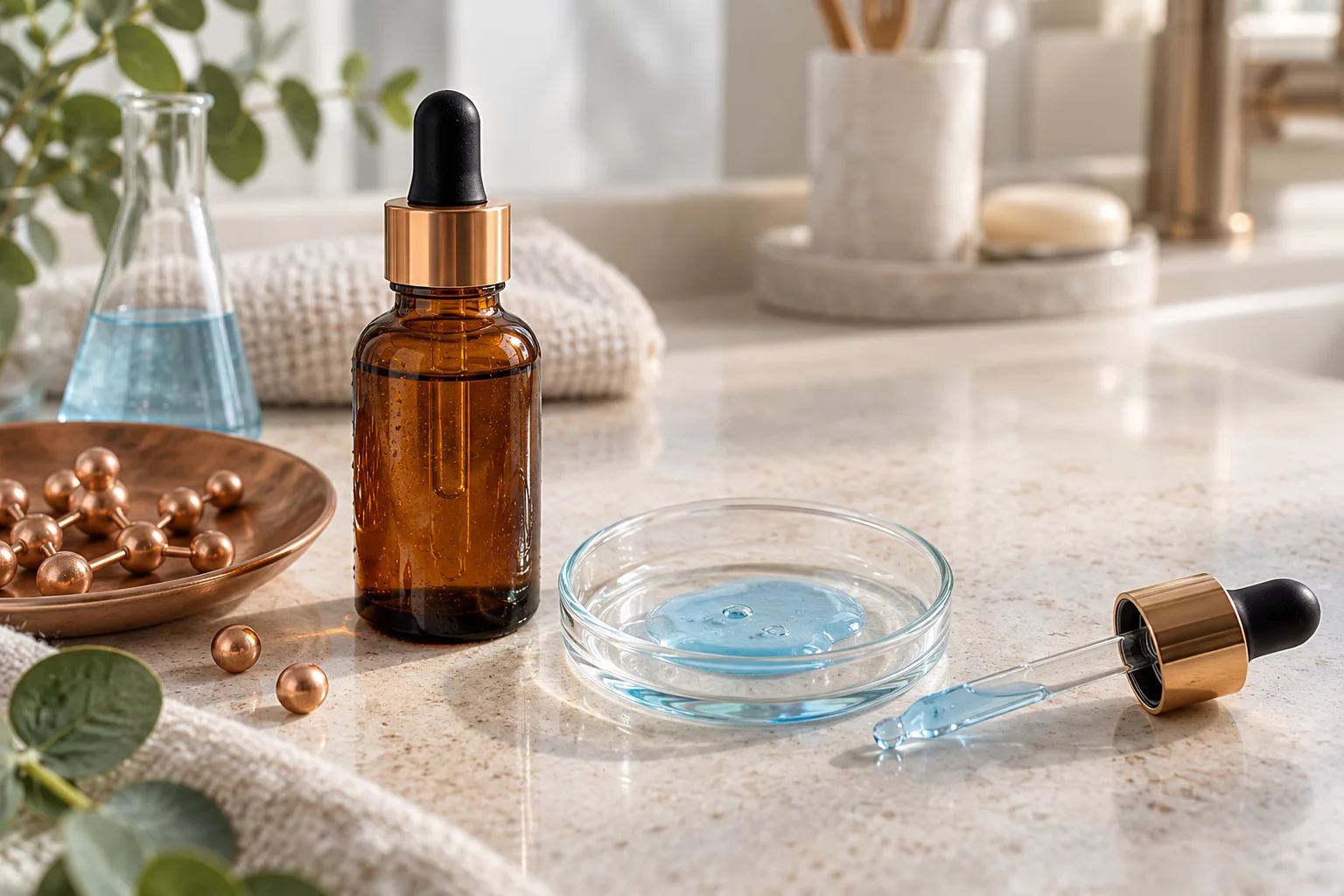 Un flacon ambré de sérum sans marque, du sérum bleu pâle dans une coupelle en verre et des éléments cuivrés de soin de la peau sur une surface en pierre claire.