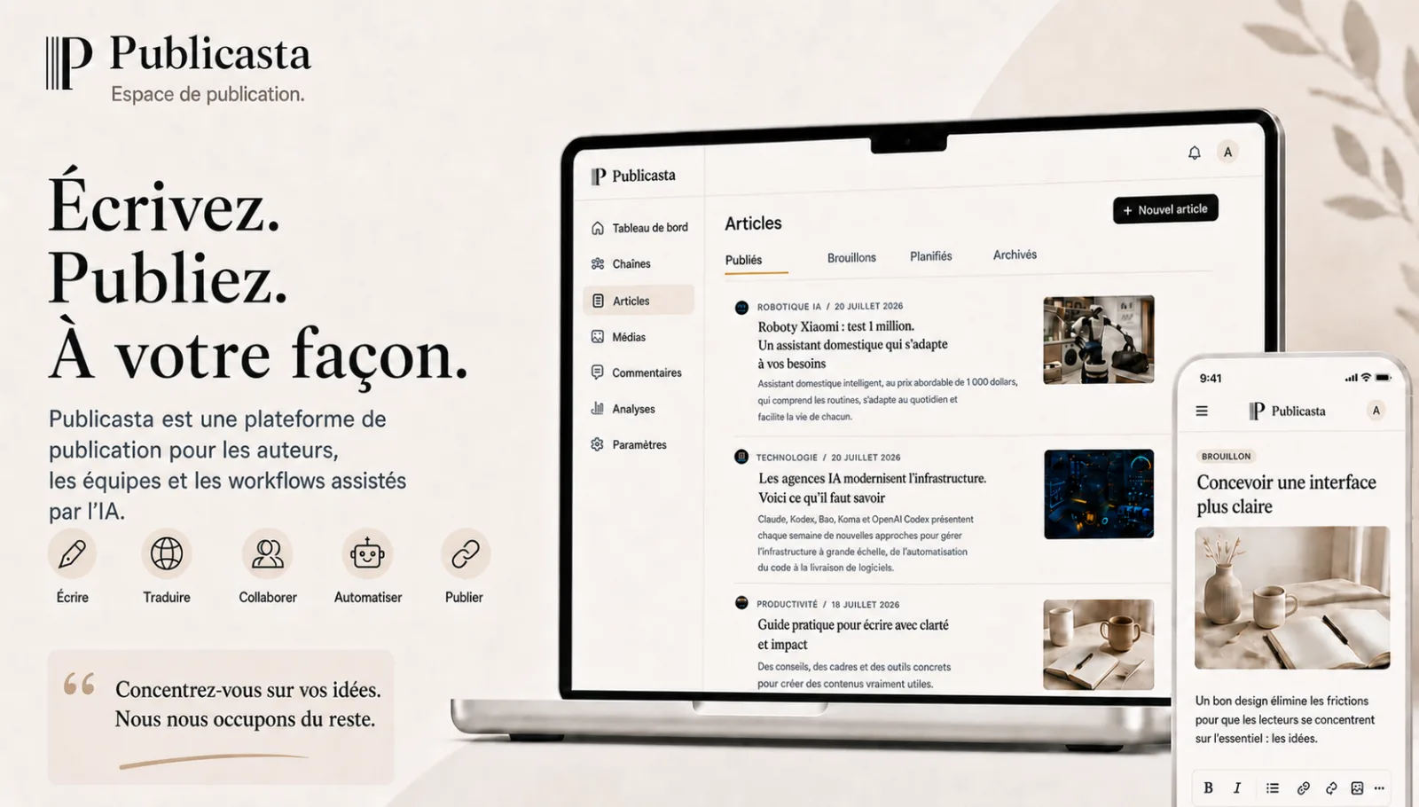 Interface Publicasta pour écrire, traduire, collaborer et publier