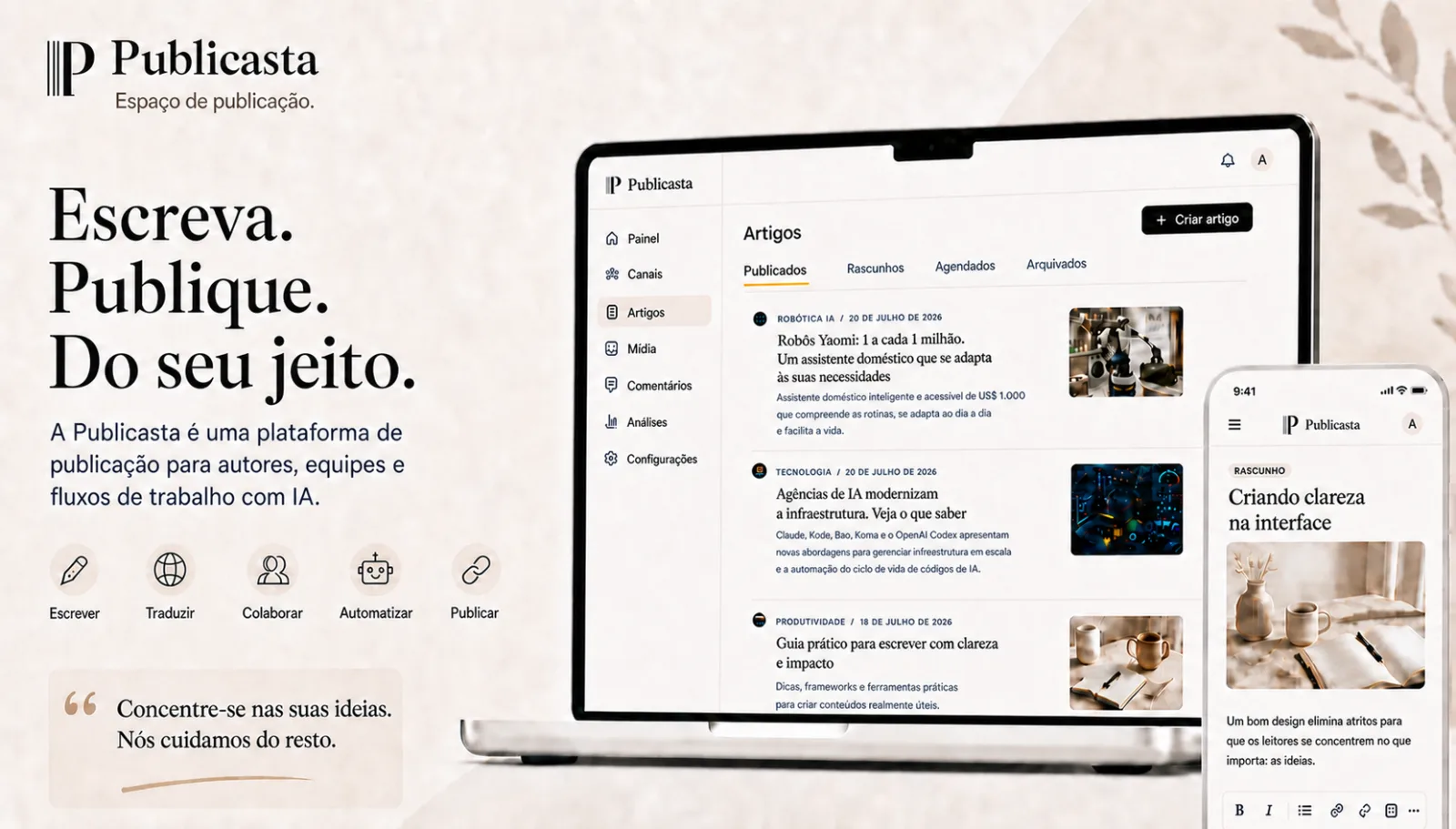 Interface da Publicasta para escrever, traduzir, colaborar e publicar