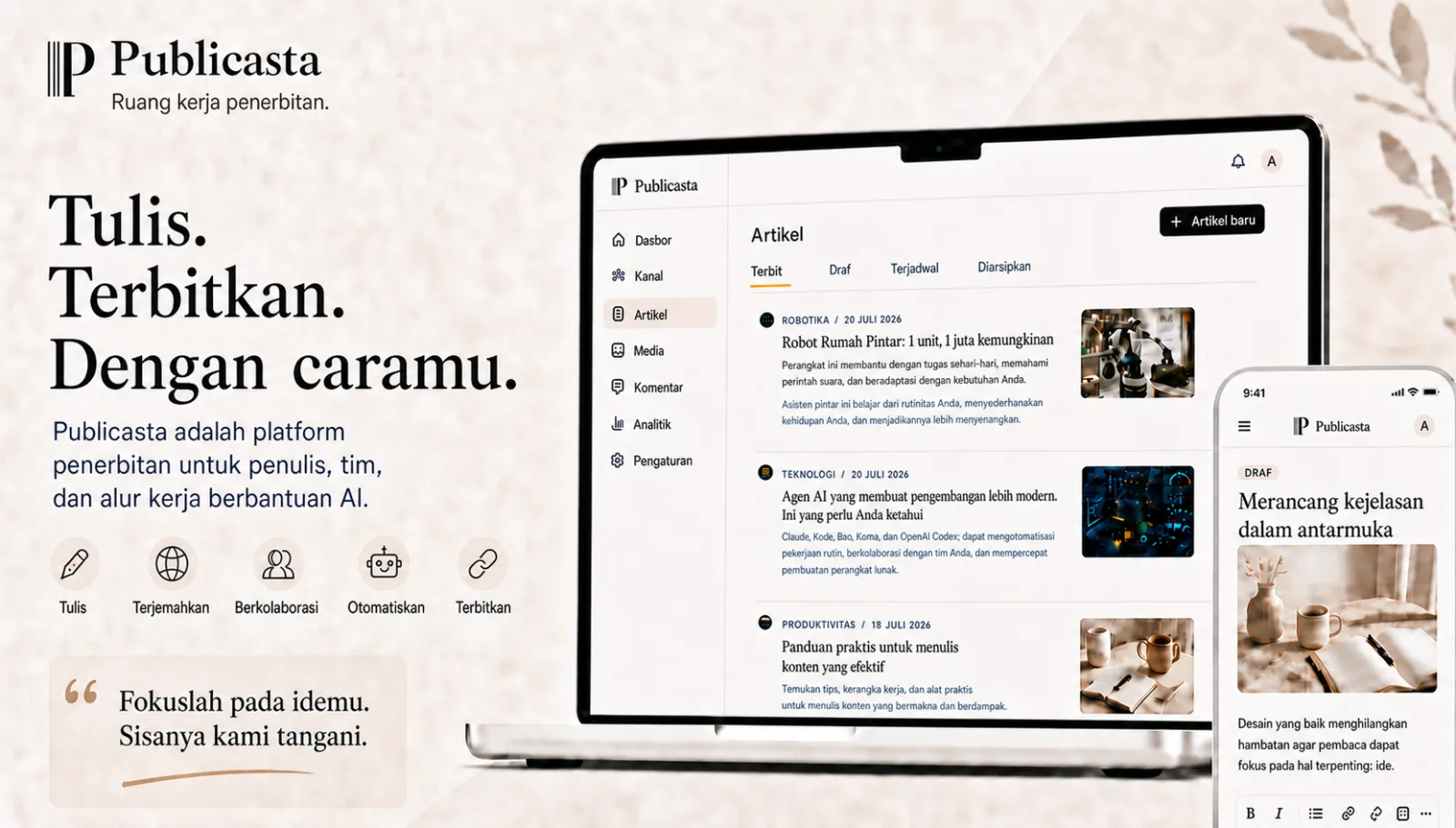 Antarmuka Publicasta untuk menulis, menerjemahkan, berkolaborasi, dan menerbitkan