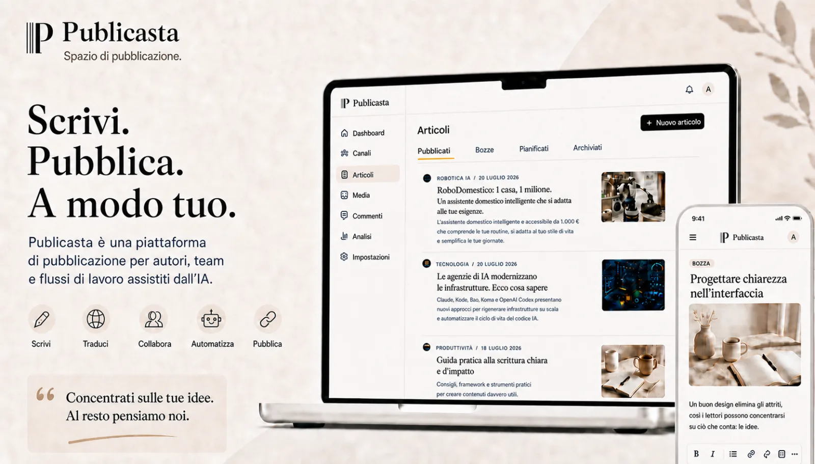 Interfaccia di Publicasta per scrivere, tradurre, collaborare e pubblicare