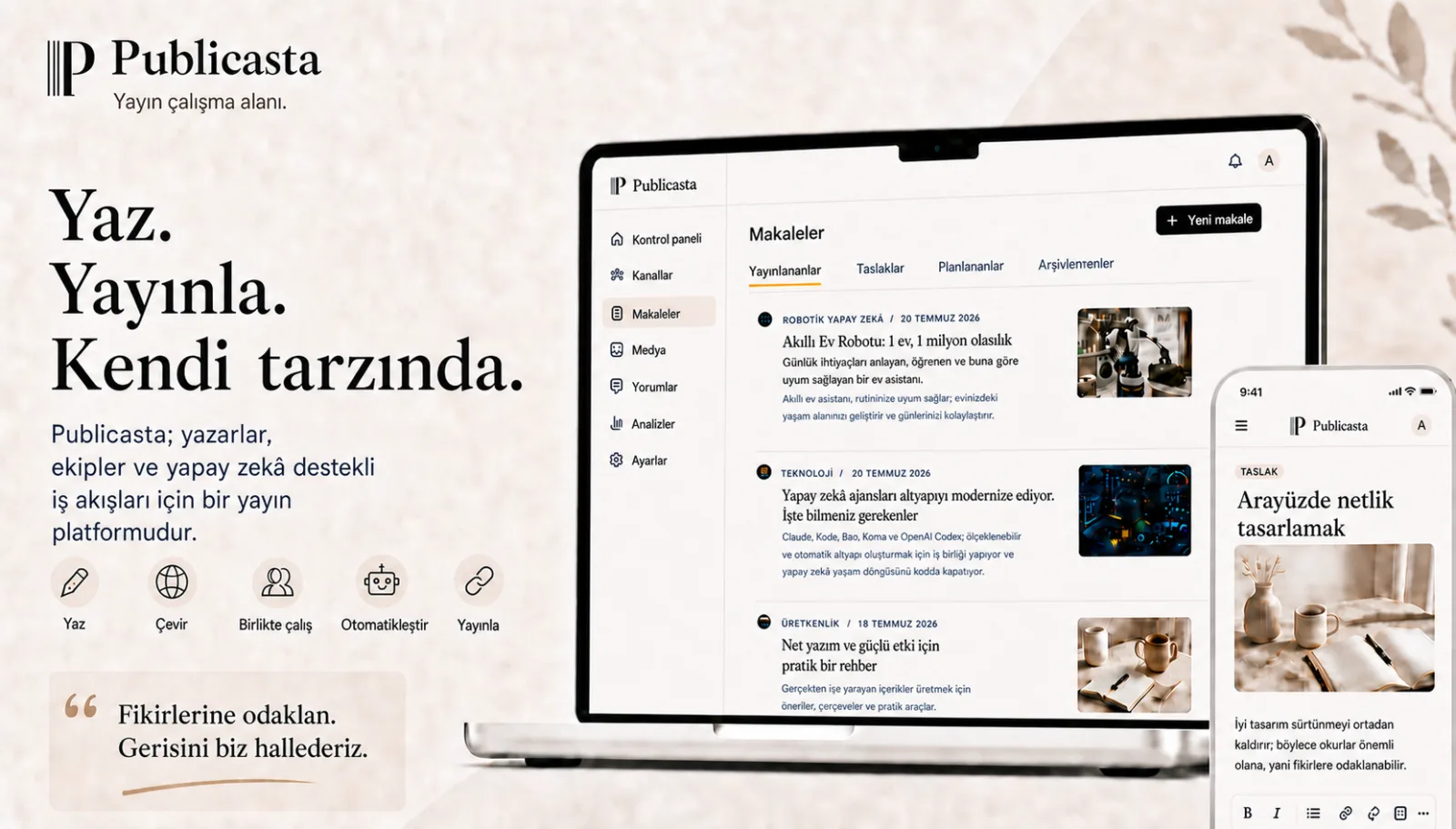 Yazma, çeviri, ekip çalışması ve yayınlama için Publicasta arayüzü