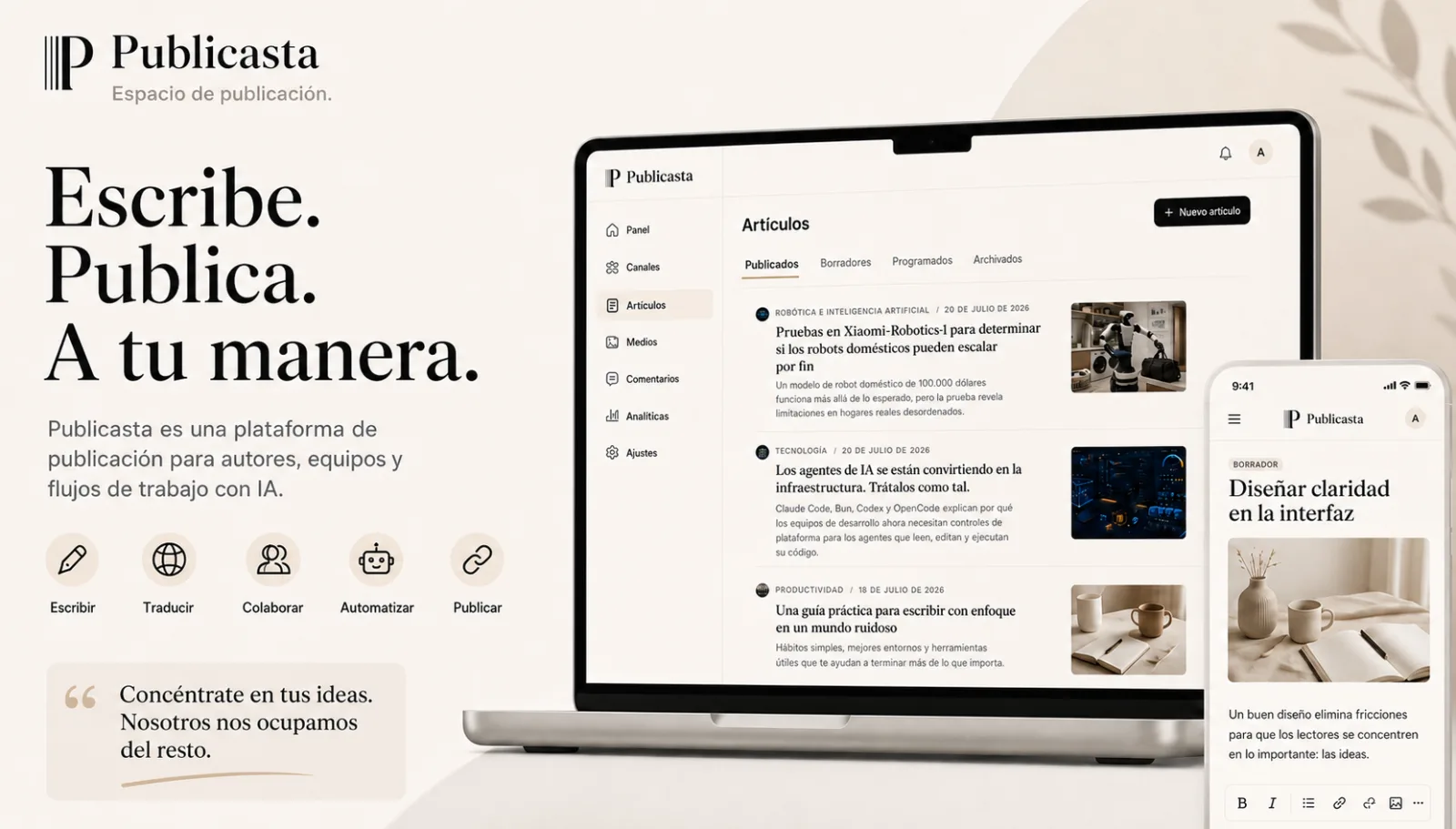 Interfaz de Publicasta para escribir, traducir, colaborar y publicar