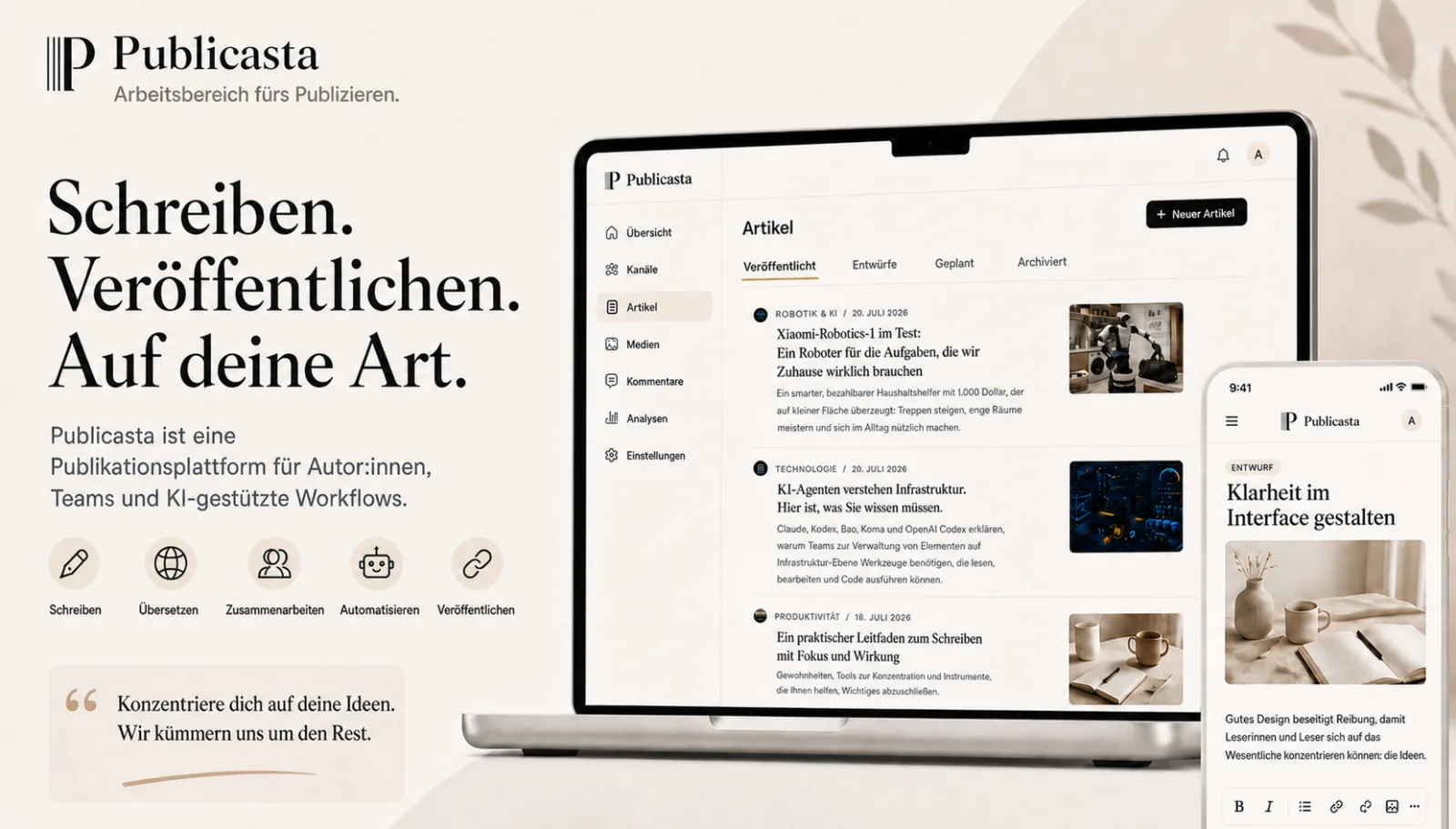 Publicasta-Oberfläche zum Schreiben, Übersetzen, Zusammenarbeiten und Veröffentlichen