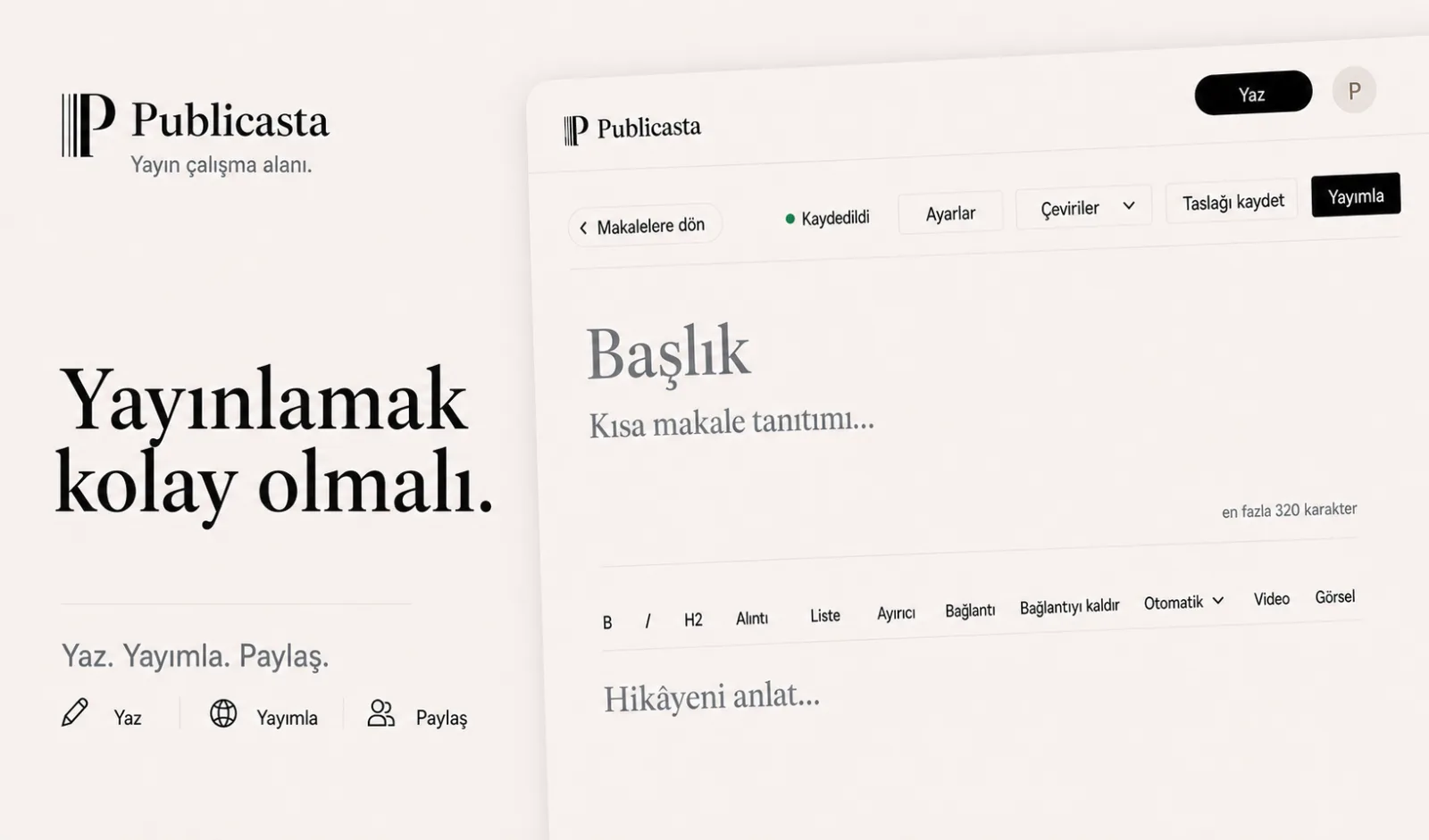 Yayınlamak kolay olmalı mesajını gösteren Publicasta arayüzü