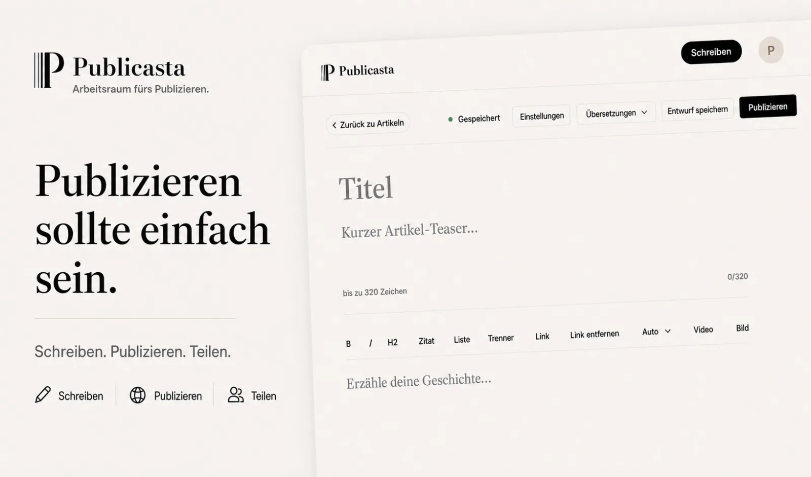 Publicasta-Oberfläche mit der Aussage Publizieren sollte einfach sein