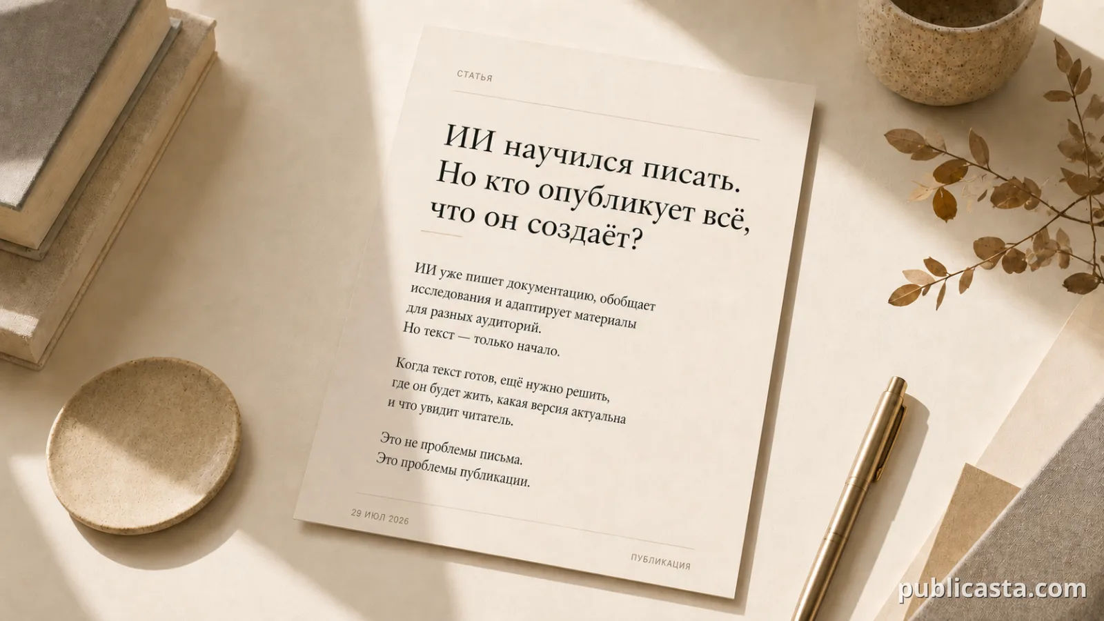 Русская редакционная обложка о роли ИИ в публикации материалов