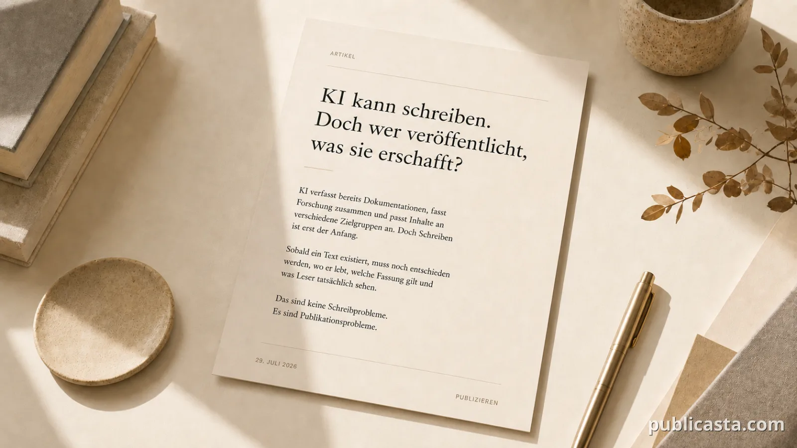 Deutsche redaktionelle Titelgrafik über KI und Publikationsinfrastruktur