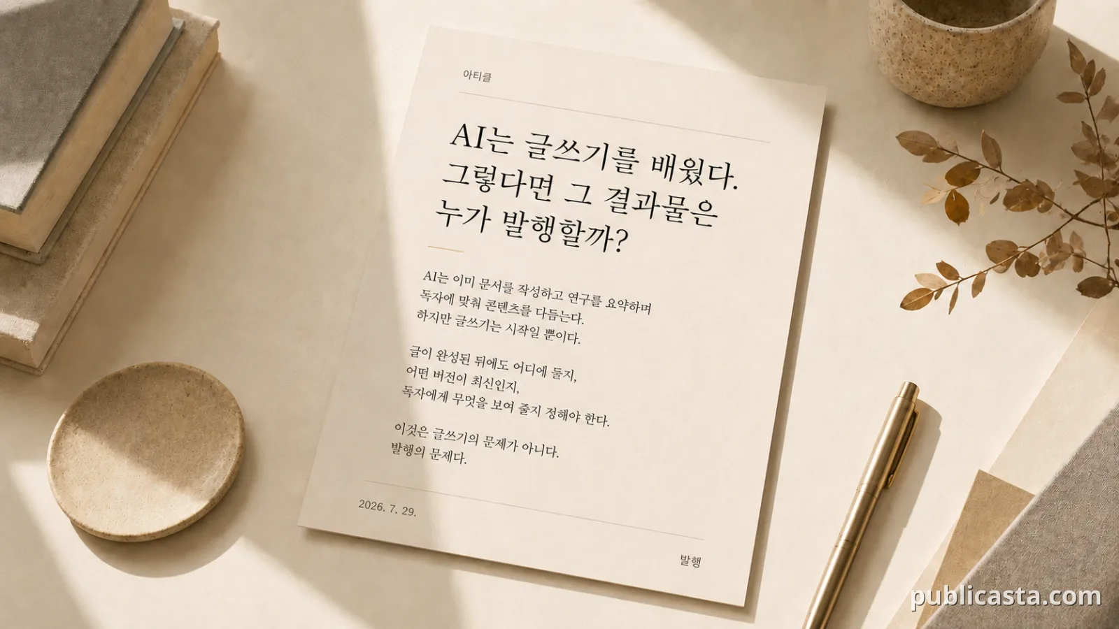 AI와 발행의 미래를 다룬 한국어 편집 디자인 표지
