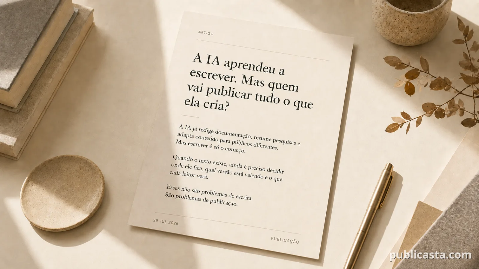 Capa editorial em português sobre IA e infraestrutura de publicação