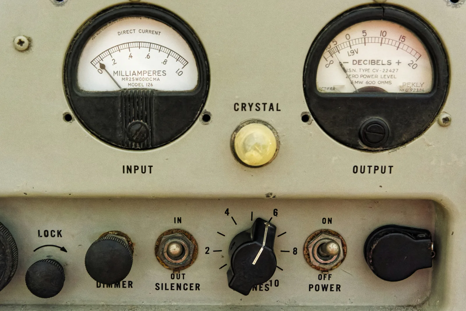 Close-up of vintage radio meters and crystal indicator