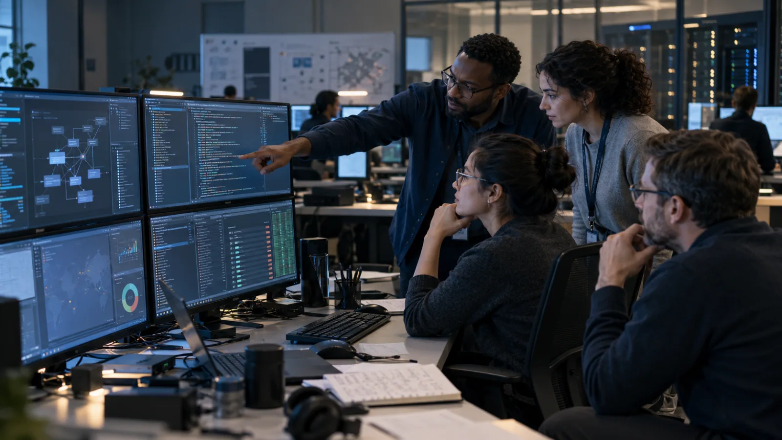 Cybersicherheitsingenieure prüfen eine KI-gestützte Schwachstellenanalyse und einen vorgeschlagenen Patch in einem Sicherheitszentrum