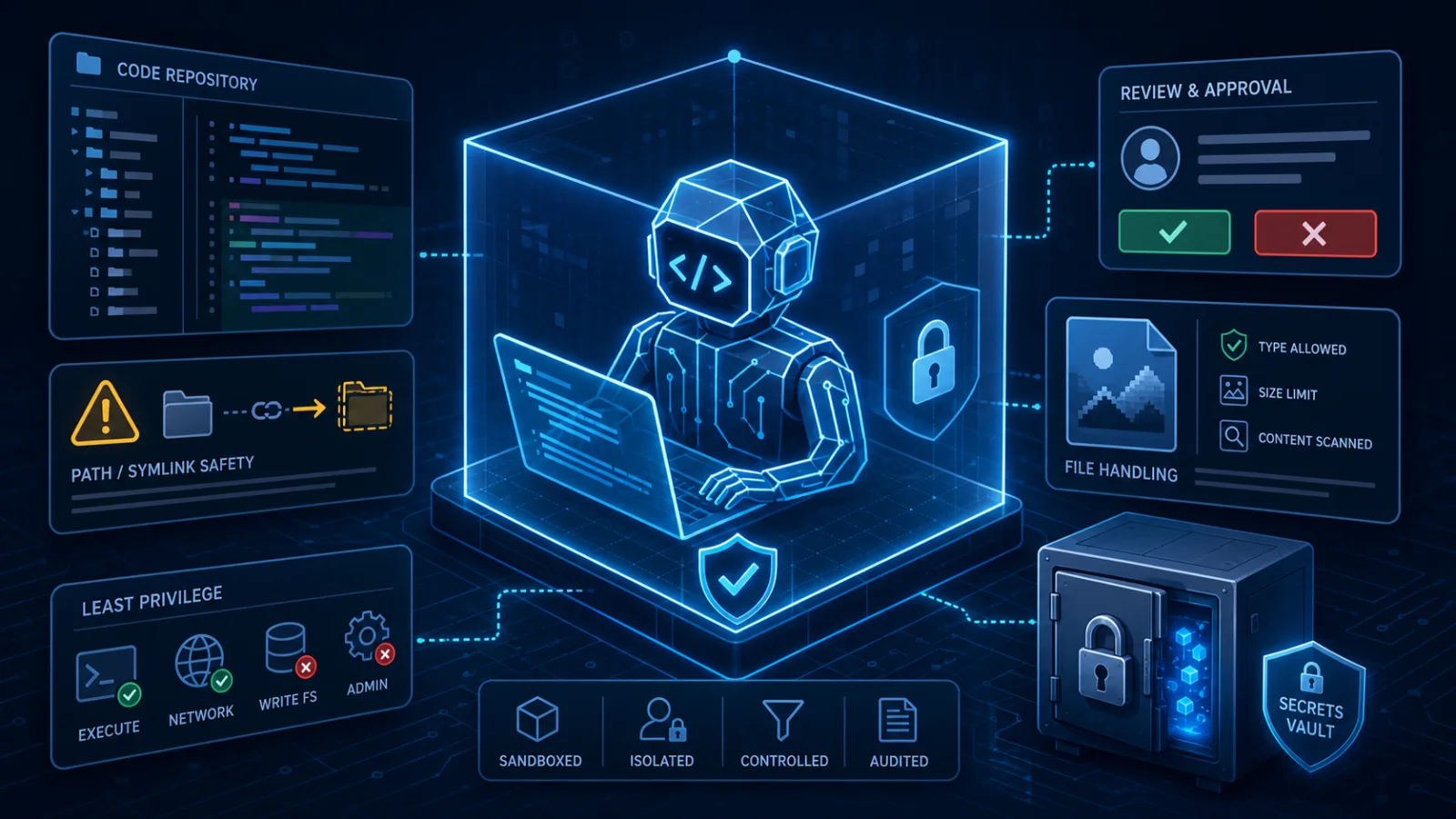 AI coding agent in a sandbox with repository, approval dialog and secrets vault