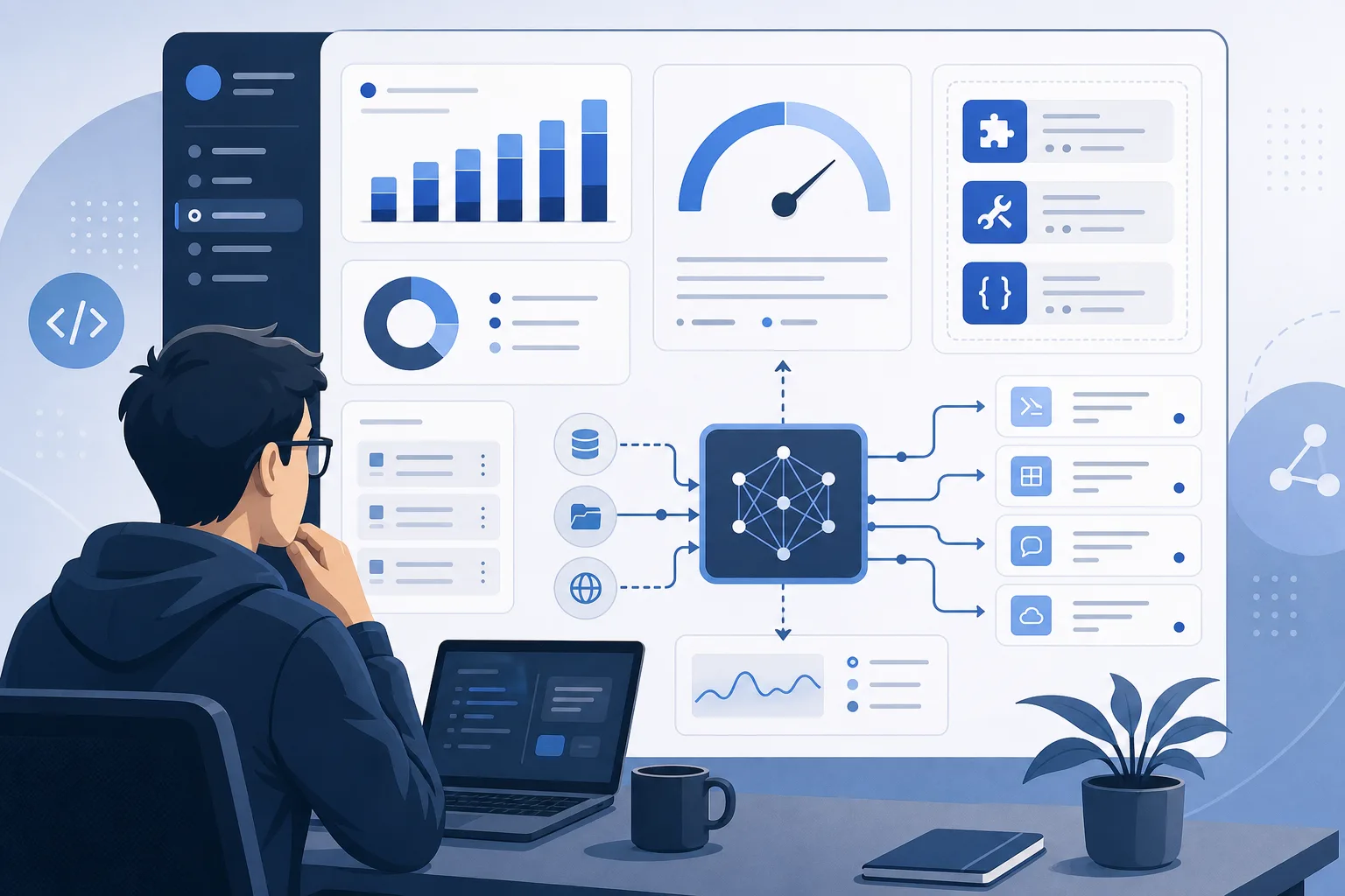 Abstract AI coding agent dashboard with token meter and budget gauge