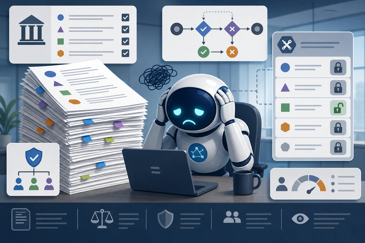 Agent AI przed dużym firmowym handbook, rule checks i permission gates