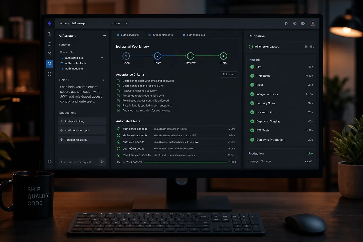 Flujo de programación con IA: criterios de aceptación, pruebas automáticas y CI
