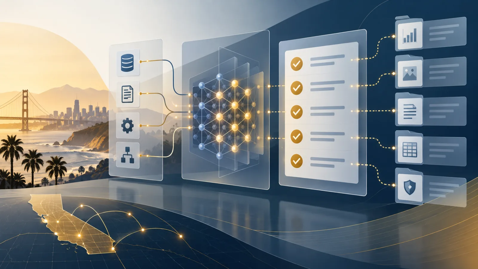 Abstrakte redaktionelle Illustration eines KI-Audit-Dashboards, das Systemkomponenten mit Nachweisen verbindet.