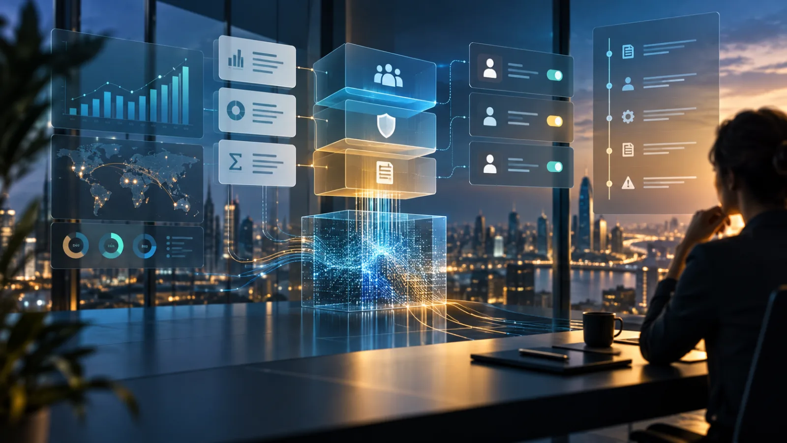 Abstraktes Unternehmensanalyse-Dashboard mit Diagrammen, Metrikdefinitionen, Zugriffskontrollen und Prüfpfad