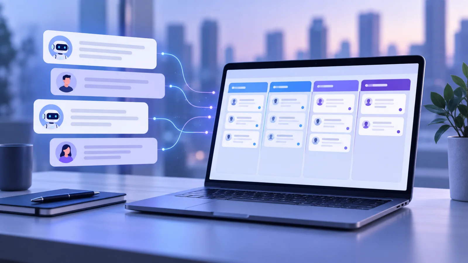 Una interfaz de chat de IA conectada a un espacio de trabajo CRM estructurado en un portátil.