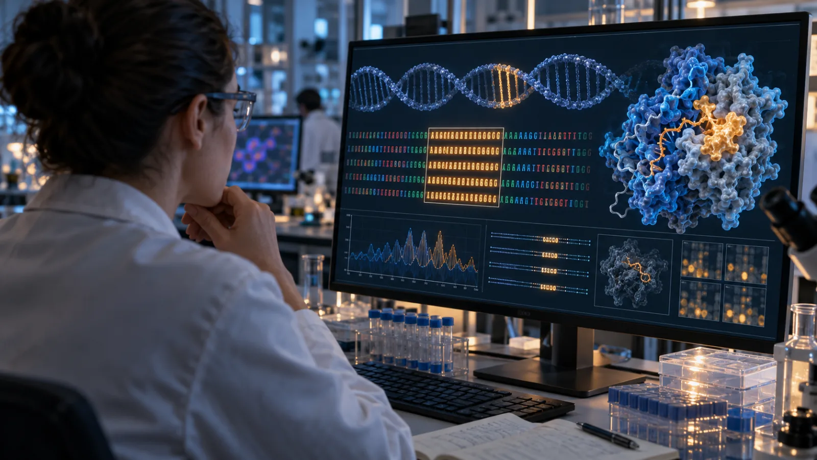 编辑图片:研究人员在人工智能辅助的生物学研究中,分析DNA重复序列阵列和逆转录酶结构。