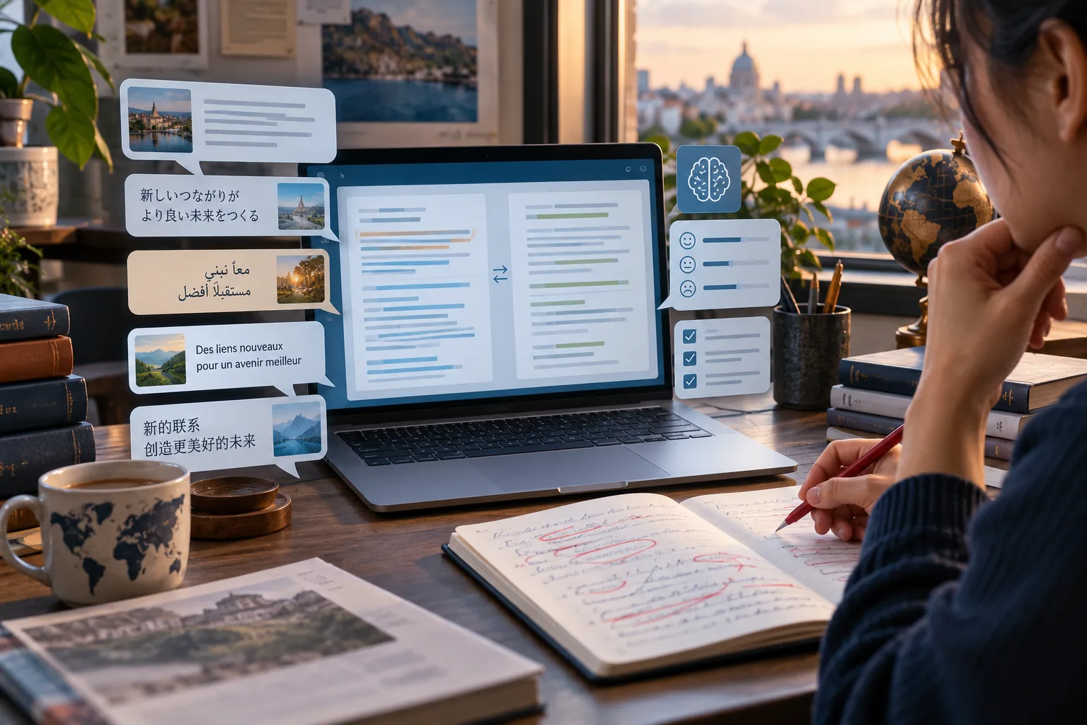 Scène éditoriale de travail montrant une interface de traduction par IA, des fragments multilingues et une personne vérifiant le contexte et le ton.