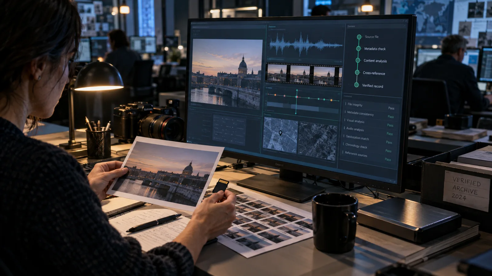 Editor reviewing a media provenance record beside a monitor showing image, video, and audio verification evidence.