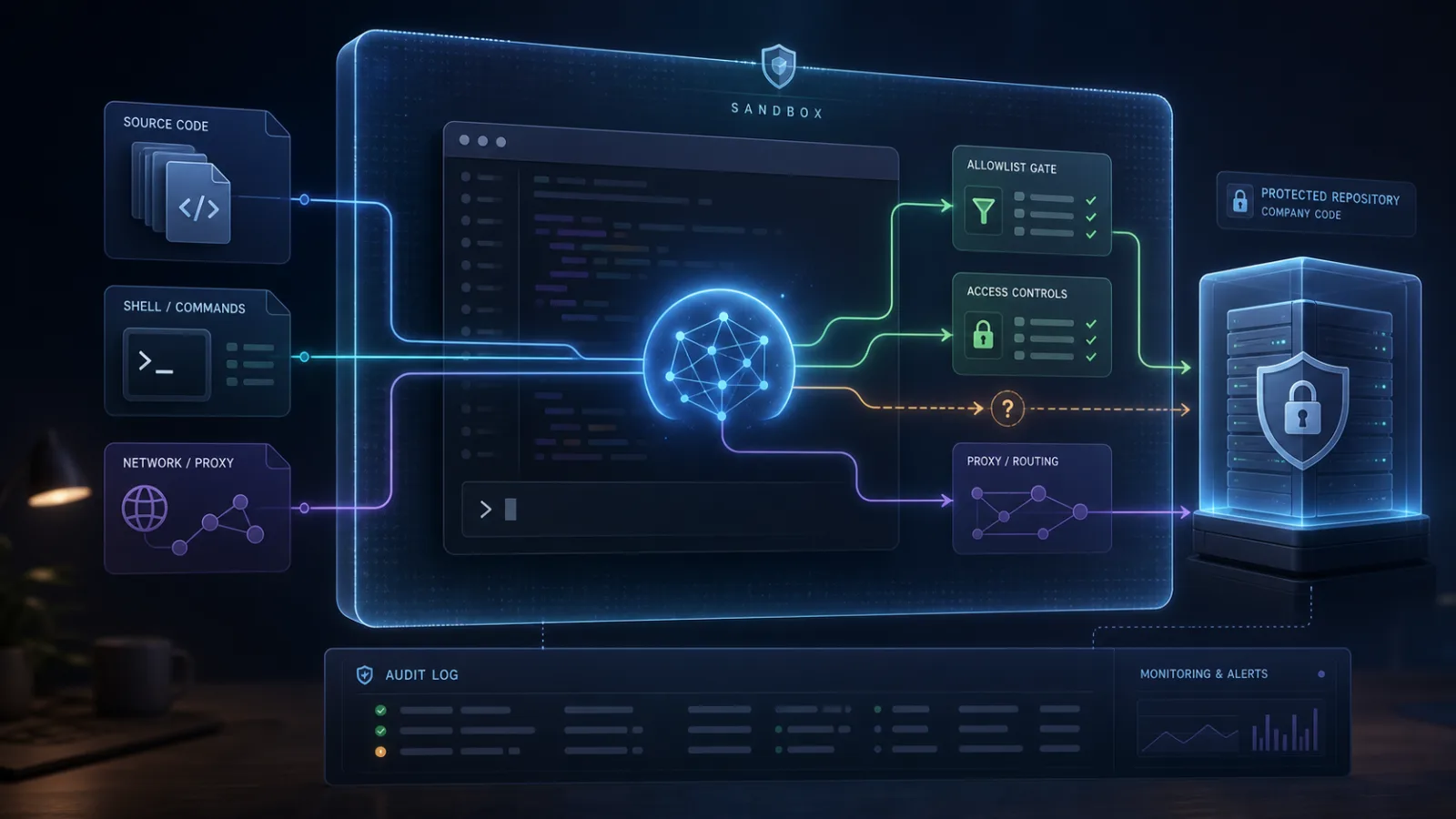 Terminal AI coding agent connected to source code, shell commands, proxy routing, sandbox, audit log and a protected repository