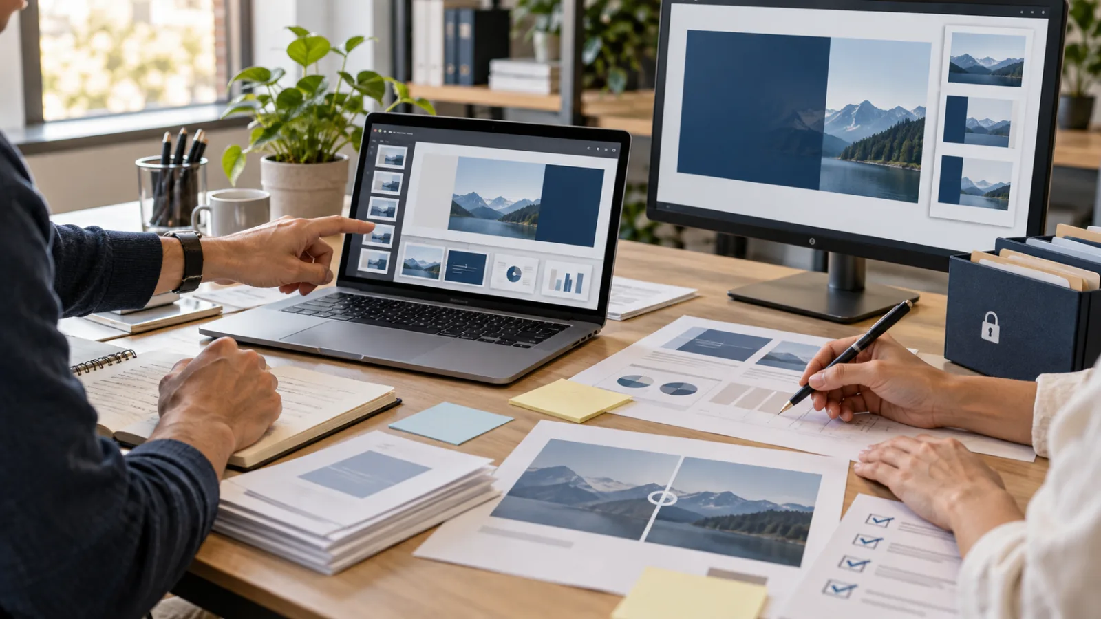Collaborators review presentation slides, charts, notes, and a final checklist at a shared workspace.