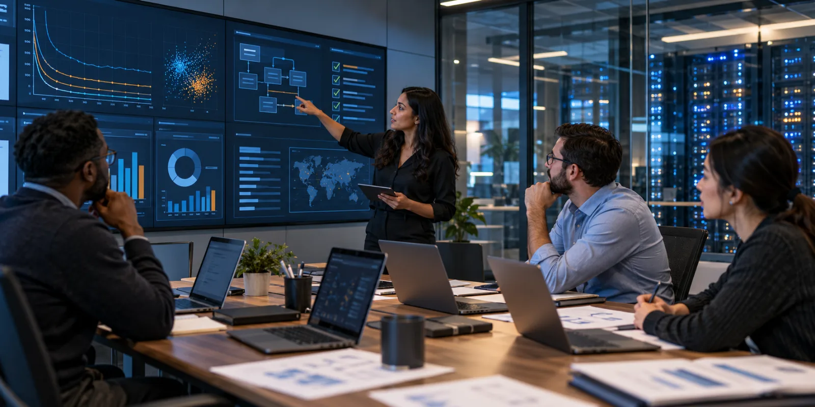 Enterprise engineers evaluating AI models and cloud governance in a modern operations war room